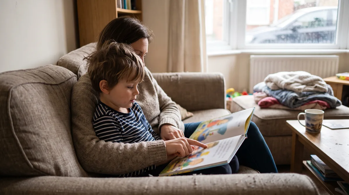 A parent and young child reading a picture book together on a sofa, pointing at the words on the page