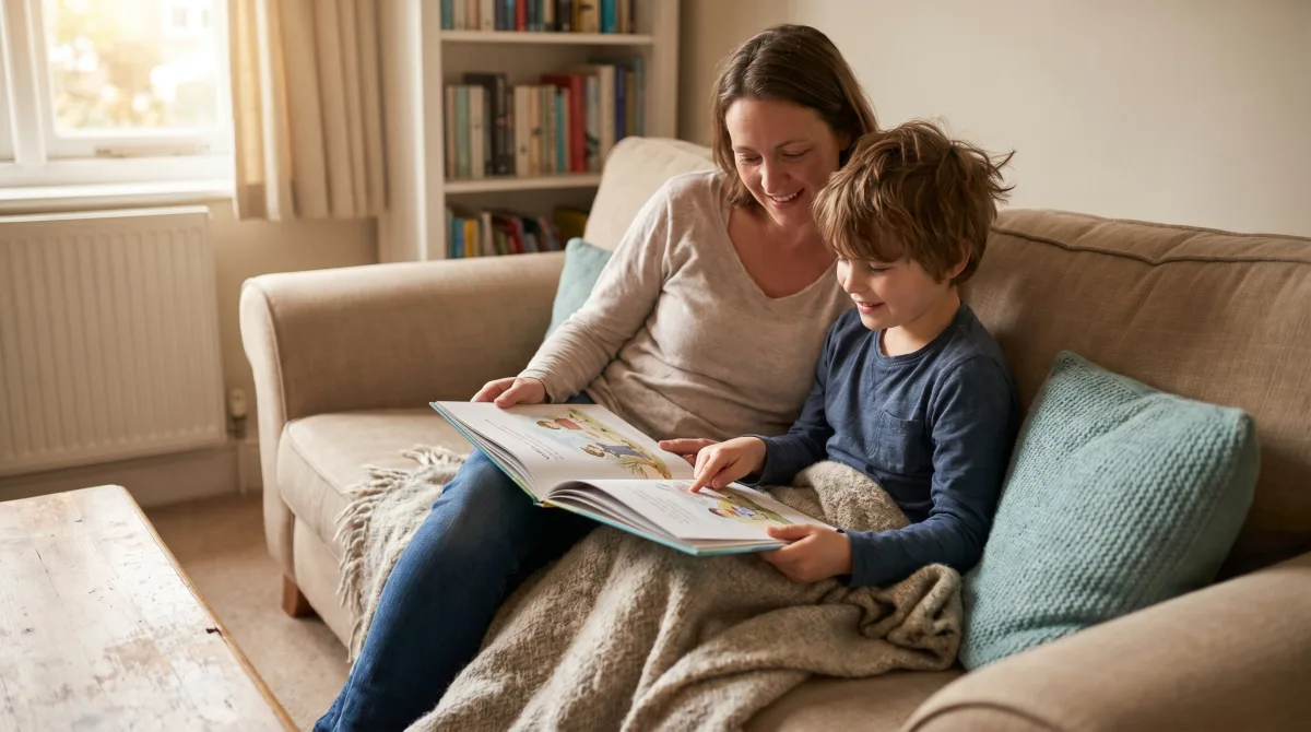 A parent and primary-age child reading a picture book together on a sofa at home