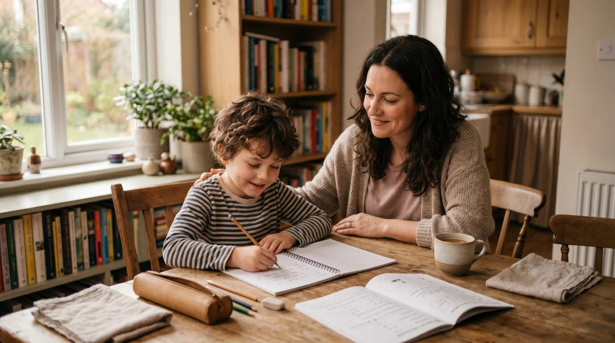 A parent sitting beside a primary-school-age child at a kitchen table, both looking relaxed, child writing in a notebook, soft daylight