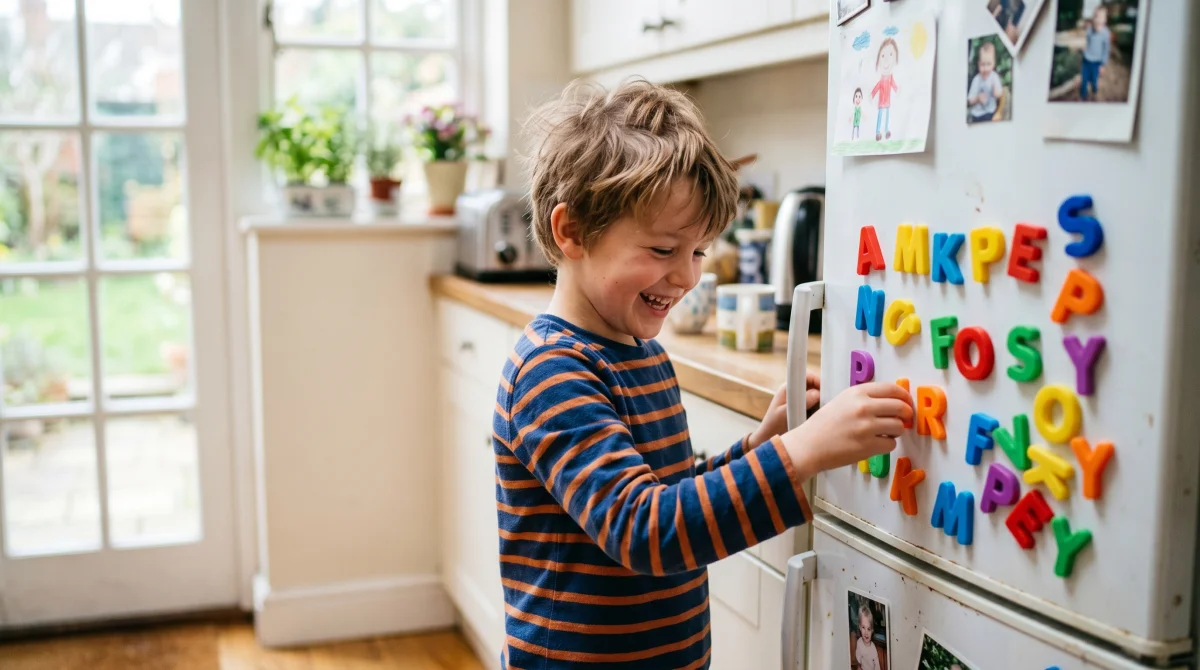 A primary-school-age child laughing while playing with colourful magnetic letters on a kitchen fridge