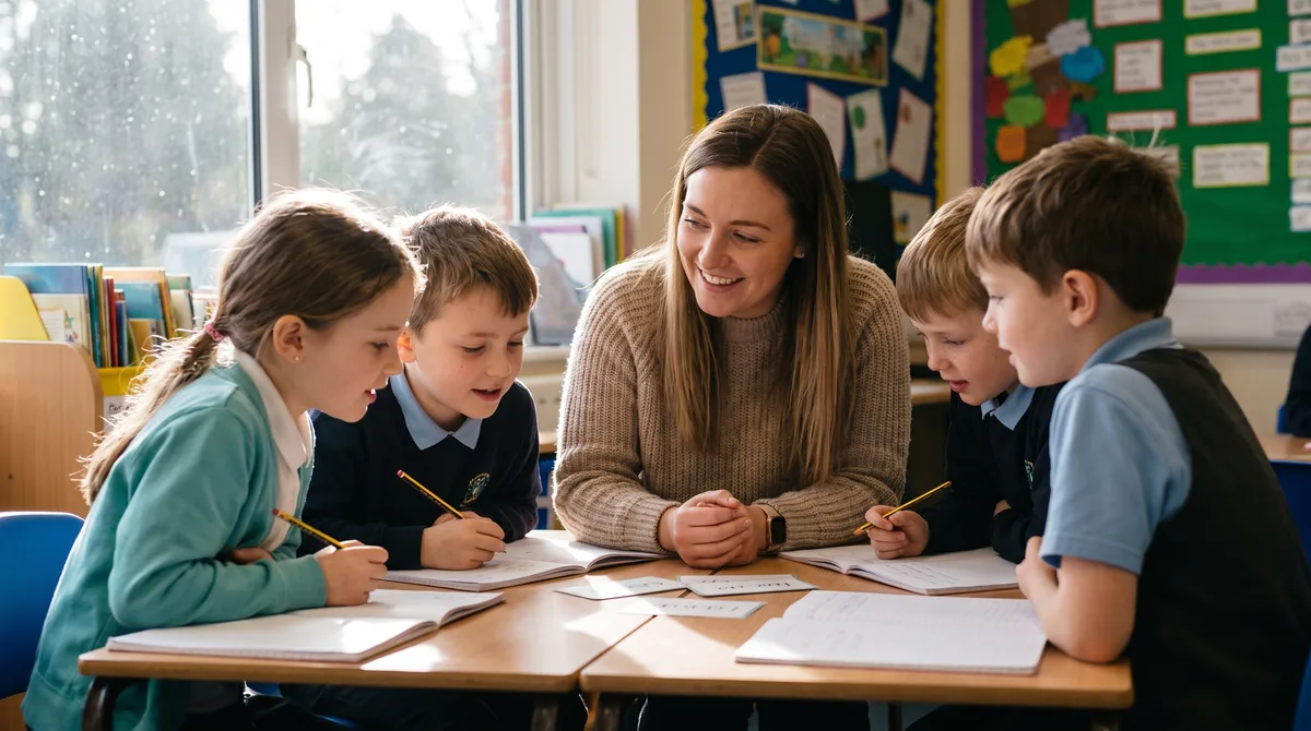 A primary teacher working through spelling patterns with a small group of Key Stage 2 children at a classroom table