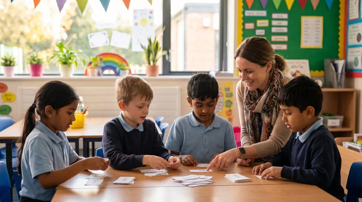 A teacher kneeling beside a classroom table while primary school children sort word cards into groups