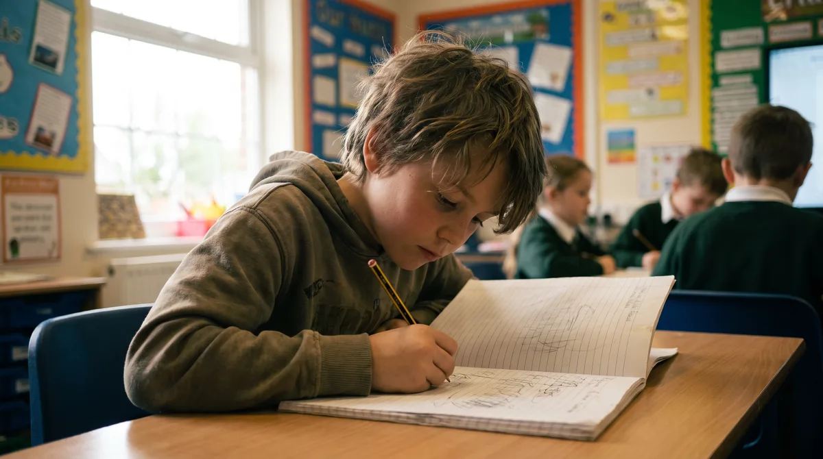 A Key Stage 2 child writing in an exercise book at a primary school desk, pencil in hand, concentrating