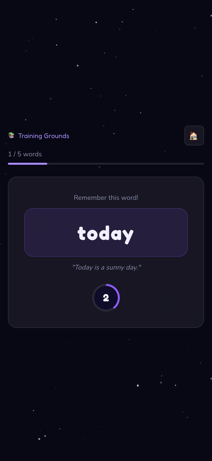 SpellCast Training Grounds — a child spelling a word alone, no ranking visible