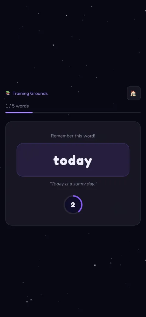 A SpellCast practice screen showing the word 'today' with the sentence 'Today is a sunny day.'