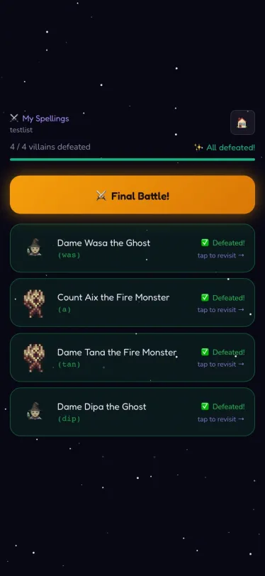 A SpellCast spelling list shown as friendly 'villains' for the child to defeat